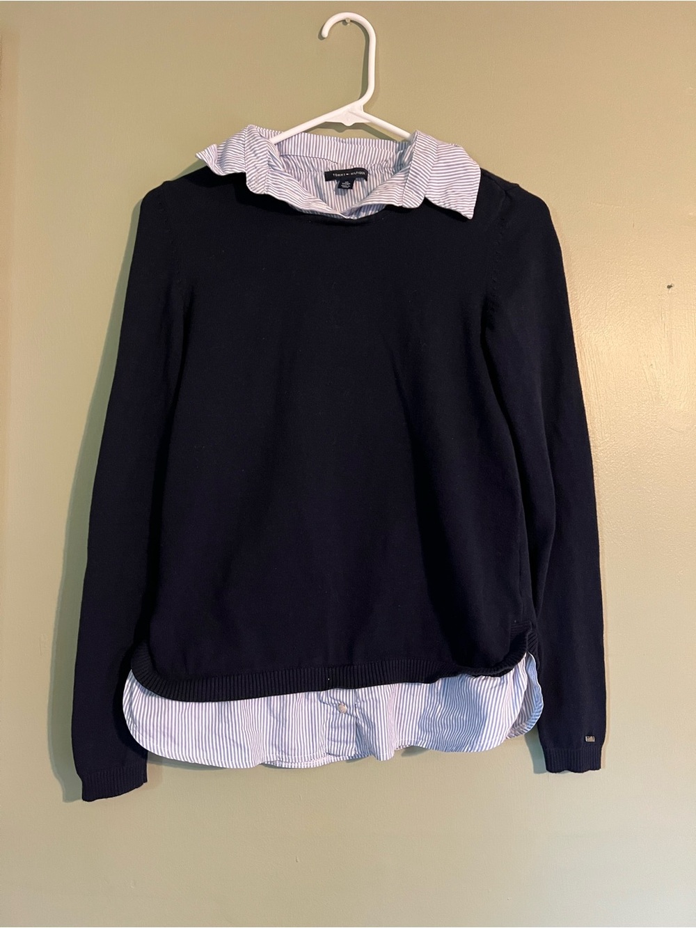 Tommy Hilfiger Navy Layered-Look Crewneck Sweater with Striped Shirt Detail